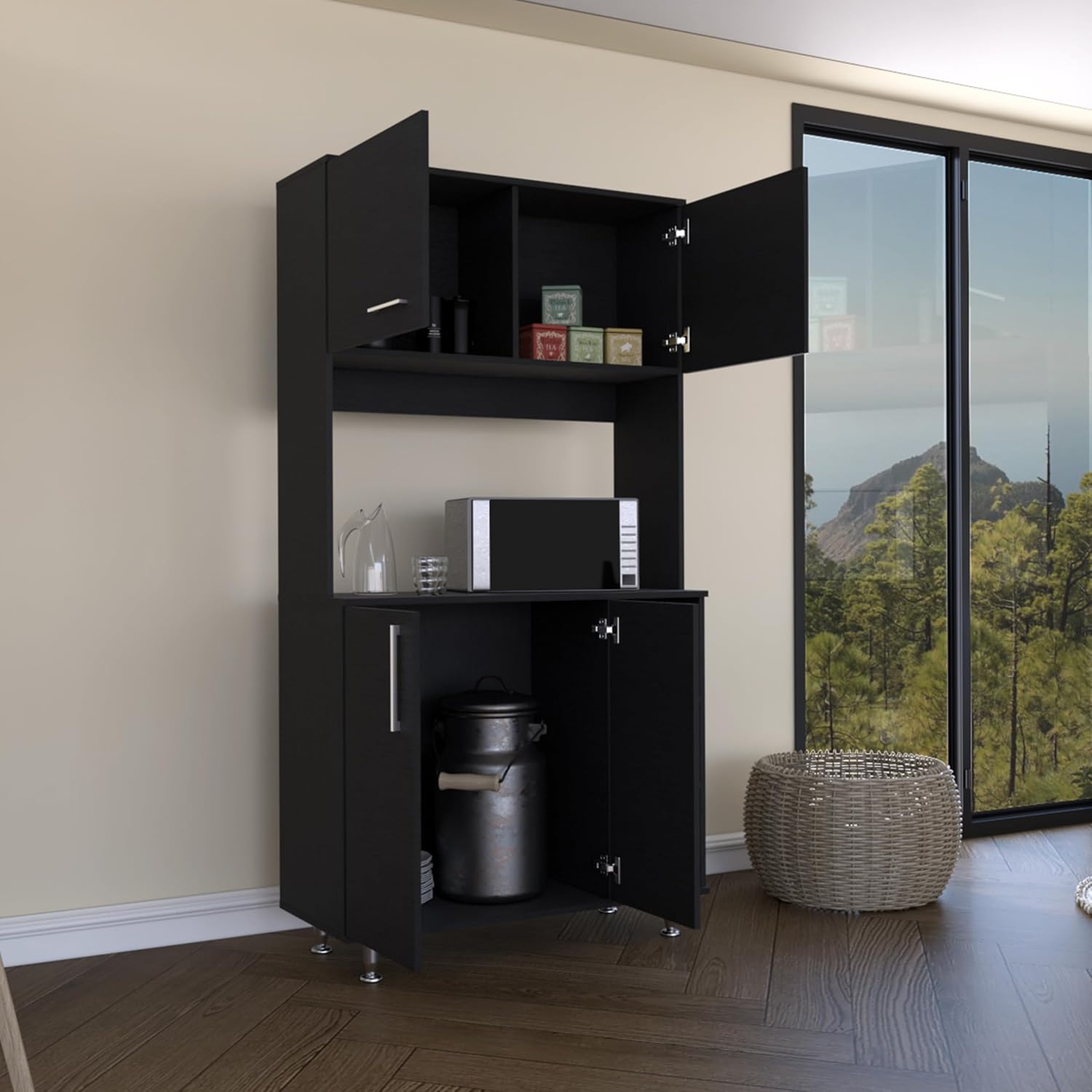37.4" D*15.7" W*70.9" H Kitchen Pantry with 2 Shelves, 2 Double Doors, Rectangular Storage Cabinet, Sliver Legs, Modern Minimalist, for Living Room, Dining Room, Black