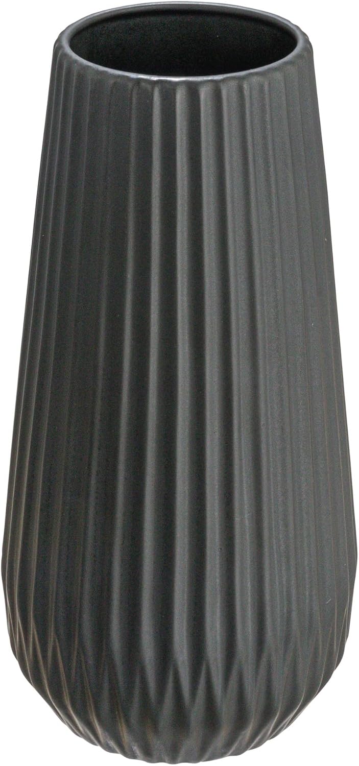 Bloomingville Round Stoneware Fluted Vase with Embossed Lines, Matte Black
