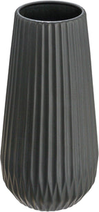 Bloomingville Round Stoneware Fluted Vase with Embossed Lines, Matte Black
