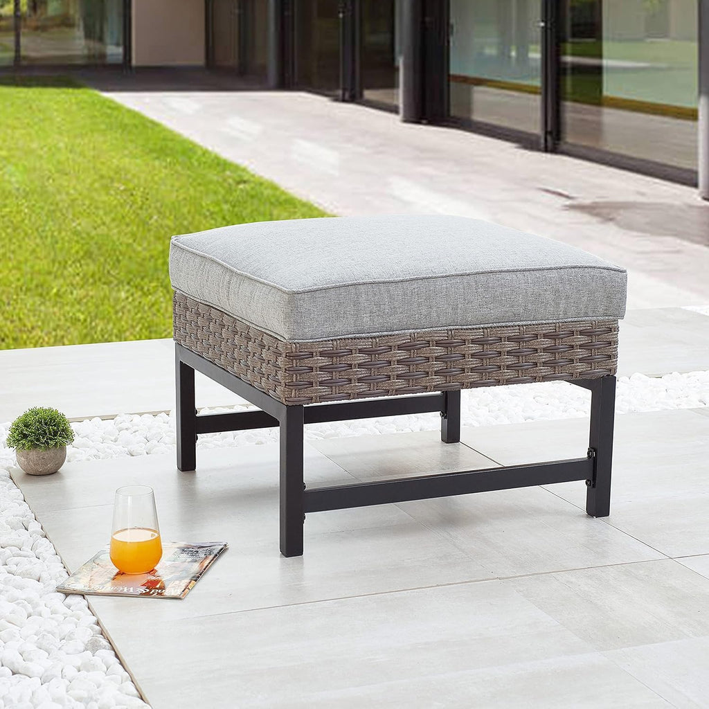 LOKATSE HOME Outdoor Patio Bistro Furniture Ottoman Footstool Rest with Premium Fabric Soft Removable Cushion and Wicker Rattan with Slatted Steel for Garden Yard Lawn Poolside, Grey