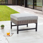 LOKATSE HOME Outdoor Patio Bistro Furniture Ottoman Footstool Rest with Premium Fabric Soft Removable Cushion and Wicker Rattan with Slatted Steel for Garden Yard Lawn Poolside, Grey
