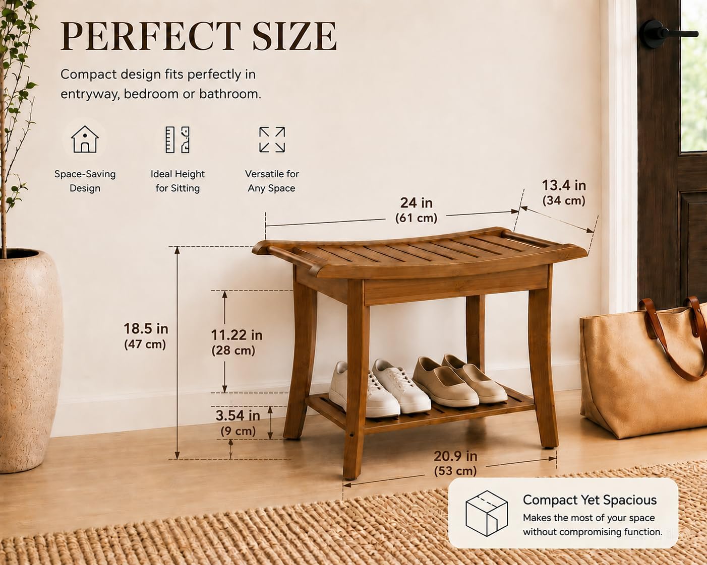 Bamboo Entryway Bench with Storage Shelf, Ergonomic Curved Seat & Side Handles, Walnut Finish Wooden Shoe Bench for Entryway, Bedroom, Bathroom & Living Room, Small Space Seating, Supports 300 LBS