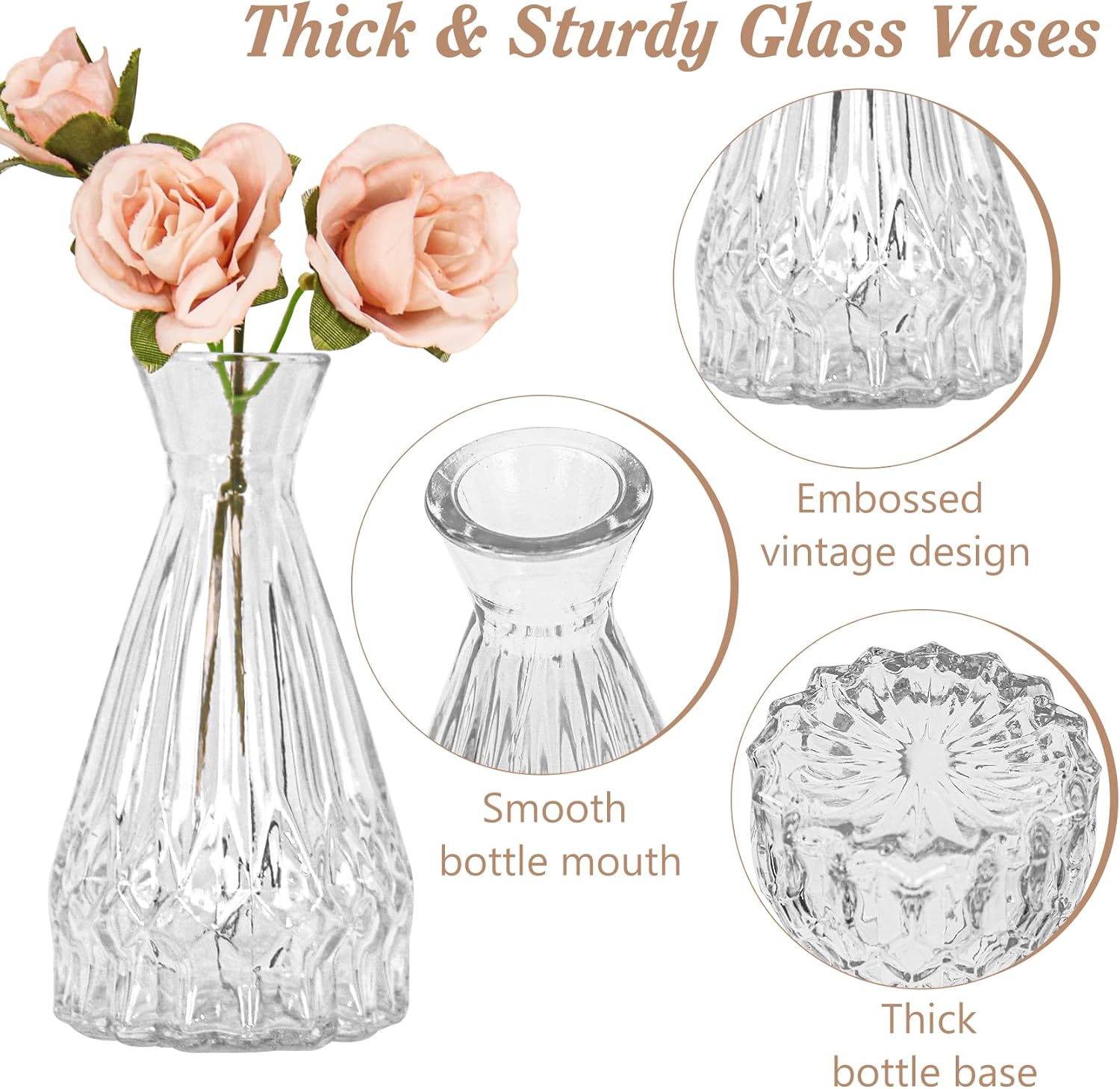 Set of 40 Glass Bud Vases, Small Clear Glass Vases in Bulk, Mini Vintage Embossed Flower Vase for Wedding, Centerpieces, Birthday Party, Home Table Decorations, Baby Shower (Clear)