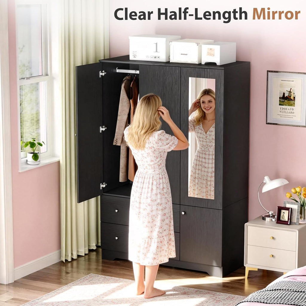 VINGLI Armoire Wardrobe Closet with Doors and Mirror,47" W Wardrobe Cabinet Wooden with Hanging Rod & Shelves Inside, 4 Door Bedroom Armoires with Drawers, Black Freestanding Armoire for Bedroom
