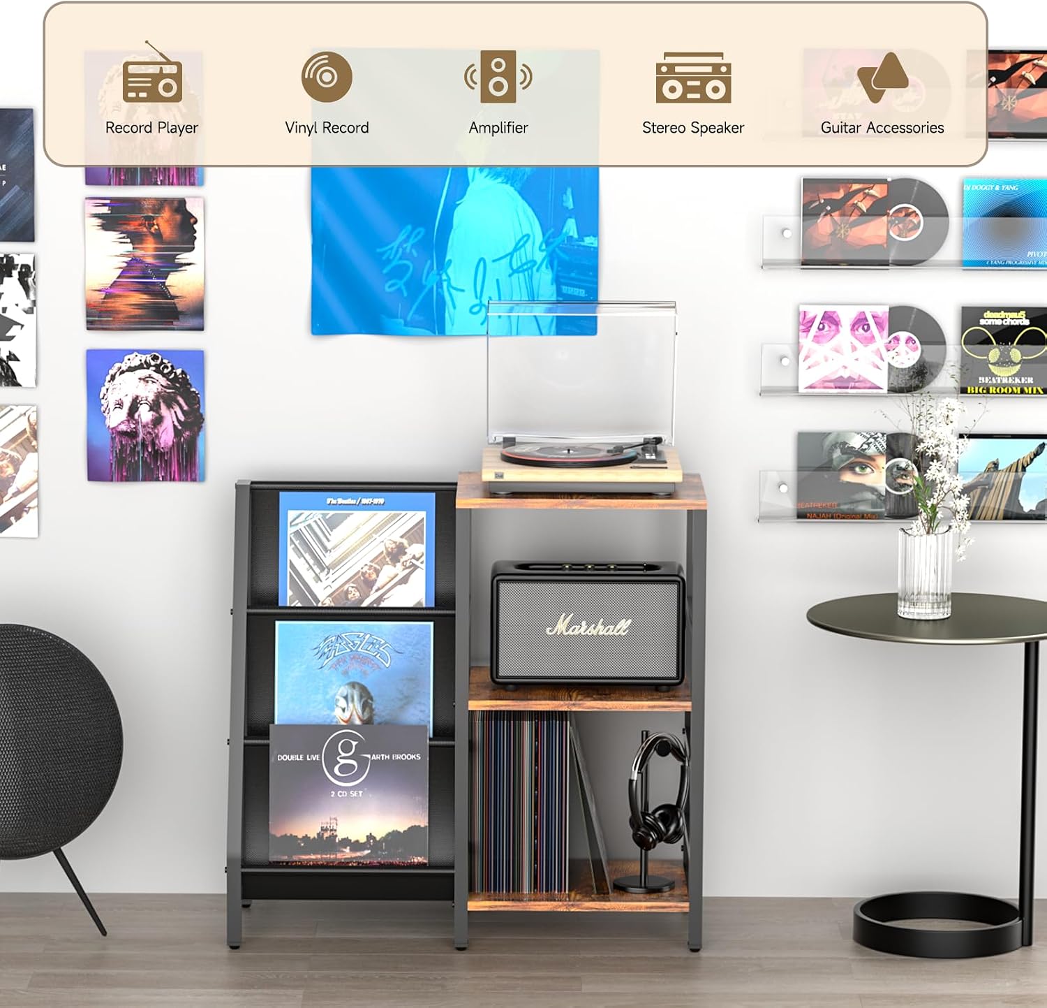 Coco Bird Vinyl Record Player Stand with 3-Tier Storage, Turntable Display Shelf for 200 Albums, Record Storage Table for Living Room, Stylish Holder with Speaker Storage
