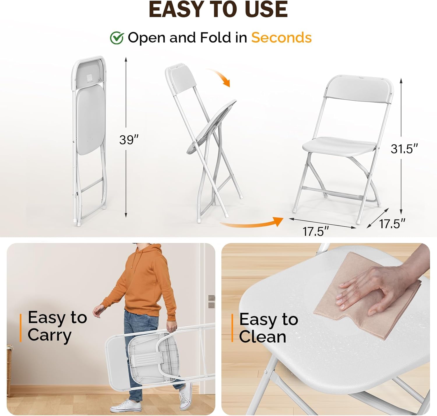 Bonnlo Folding Chairs Set of 12, White Plastic Chair Sturdy Seat with Metal Frame, Perfect for Party, Event, Wedding, Birthday, Office, Outside Entertaining
