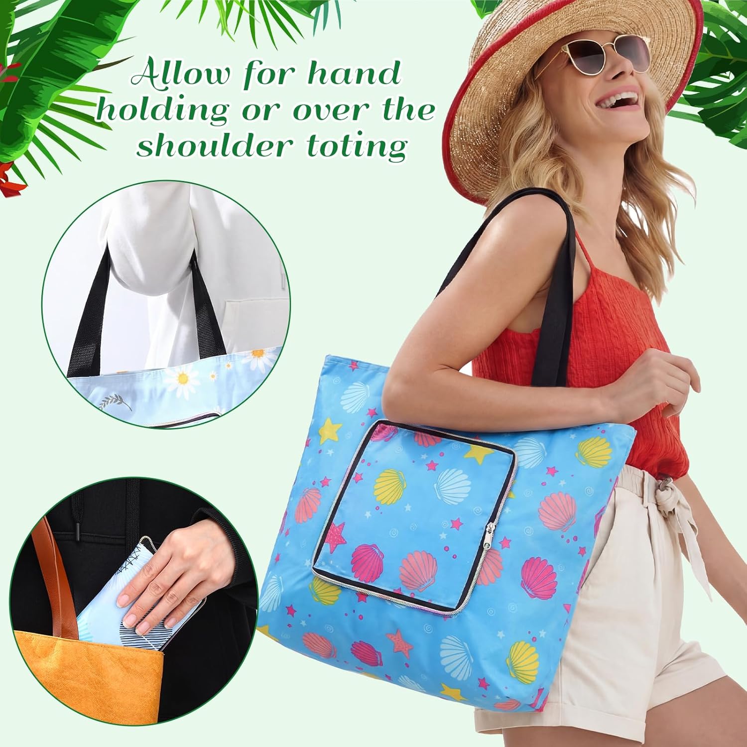 8-pack Summer Beach Tote Bags, Waterproof Sandproof Reusable Shopping & Groceries Bags with Zipper Foldable Pocket-size(Lively)