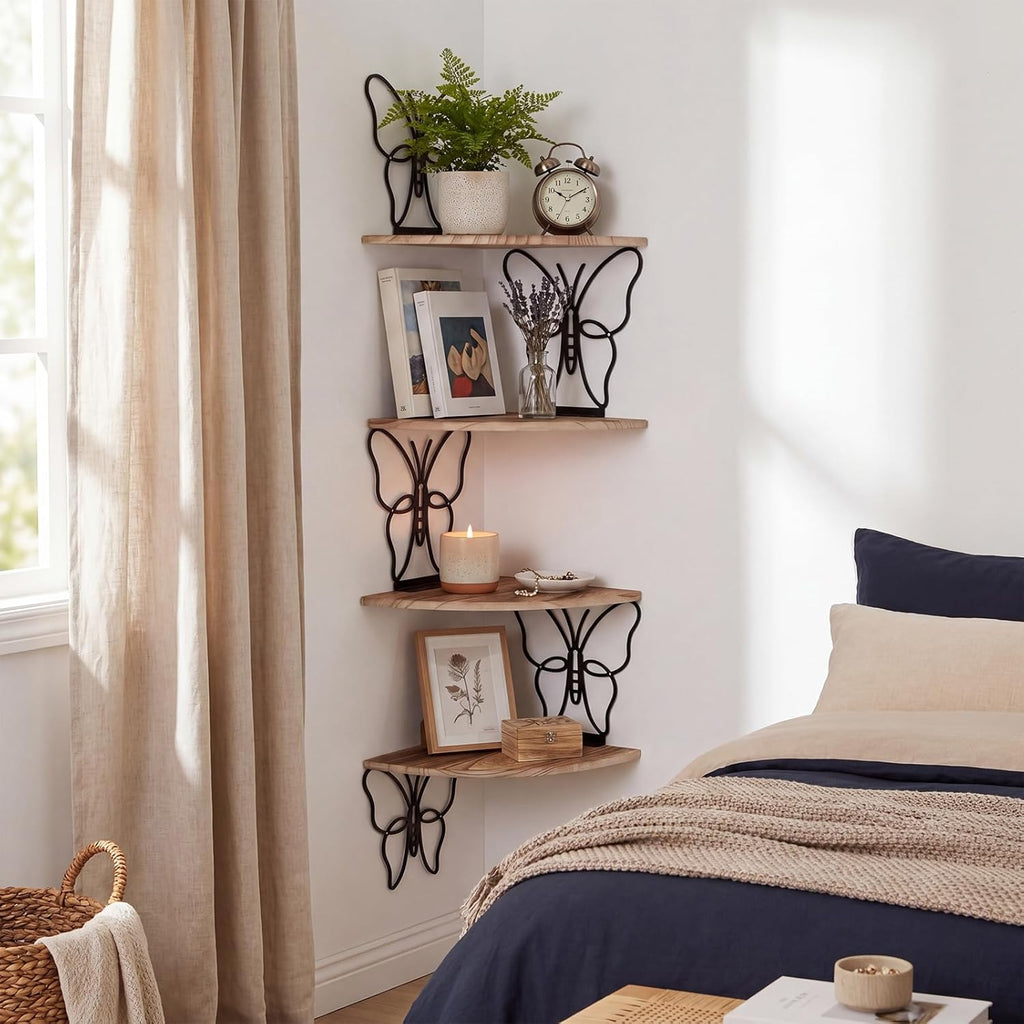 4 Tier Black Butterfly Wall Mount Corner Shelves Floating Corner Storage Wood Shelves Decorative Rustic Butterfly Wall Decor for Bedroom Living Room Bathroom Home Kitchen