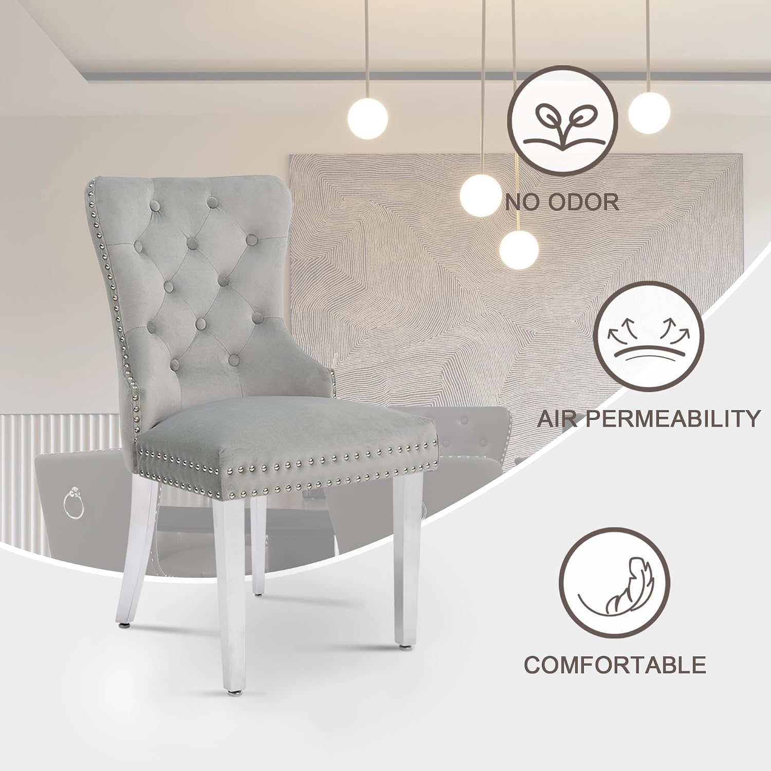 adochr Velvet Dining Chairs Set of 2, Tufted Upholstered Dining Room Chair with Pull Ring and Stainless Steel Legs, Kitchen Chairs 350 LBS Capacity, Light Grey