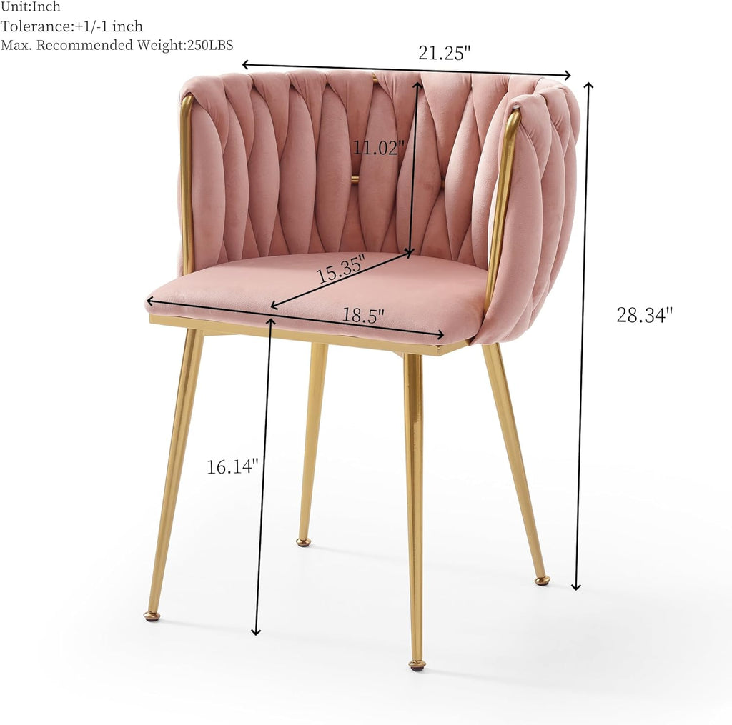 KEIKI Modern Velvet Dining Chairs Set of 2, Upholstered Woven Accent Dining Chairs with Gold Metal Legs, Tufted Back, Kitchen & Dining Room Chairs for Living Room, Bedroom, Vanity, Pink