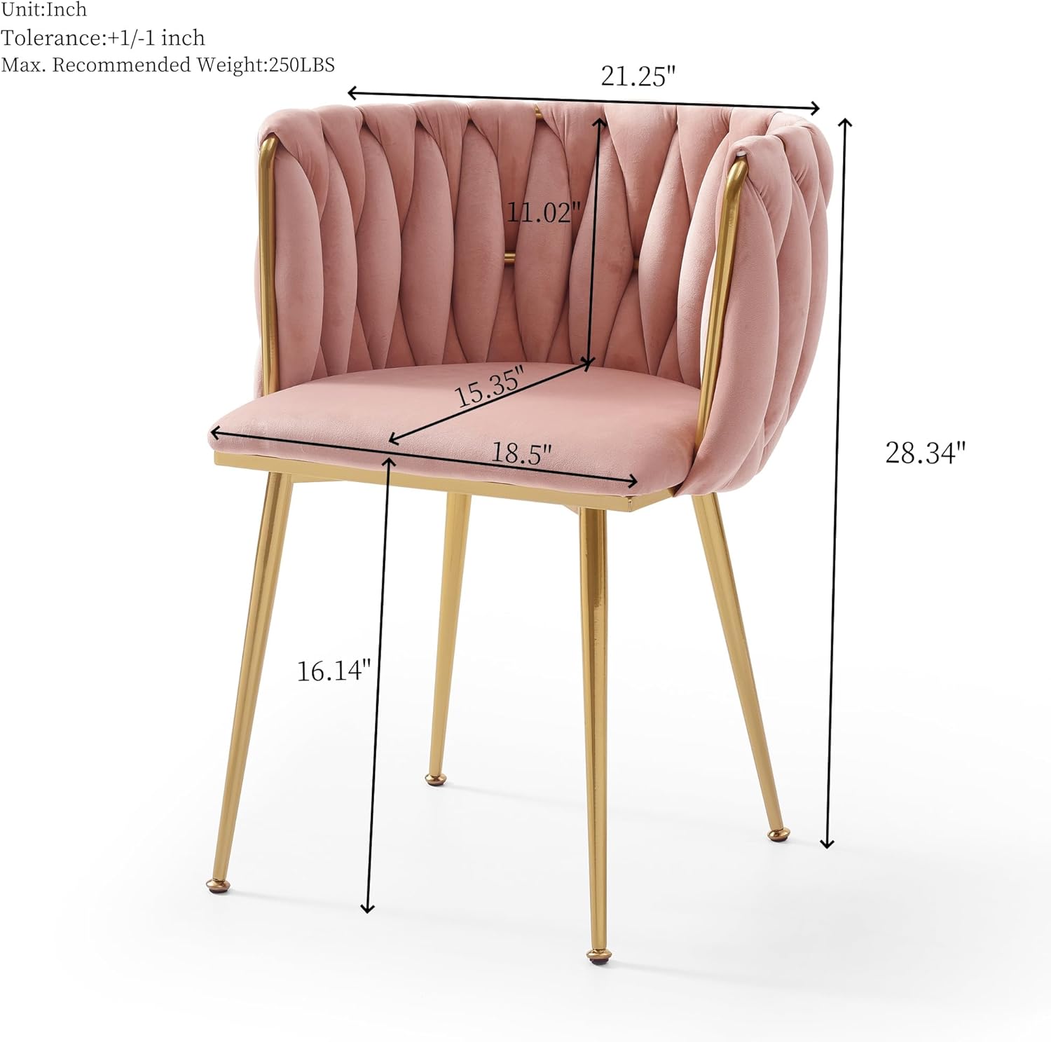 KEIKI Modern Velvet Dining Chairs Set of 2, Upholstered Woven Accent Dining Chairs with Gold Metal Legs, Tufted Back, Kitchen & Dining Room Chairs for Living Room, Bedroom, Vanity, Pink