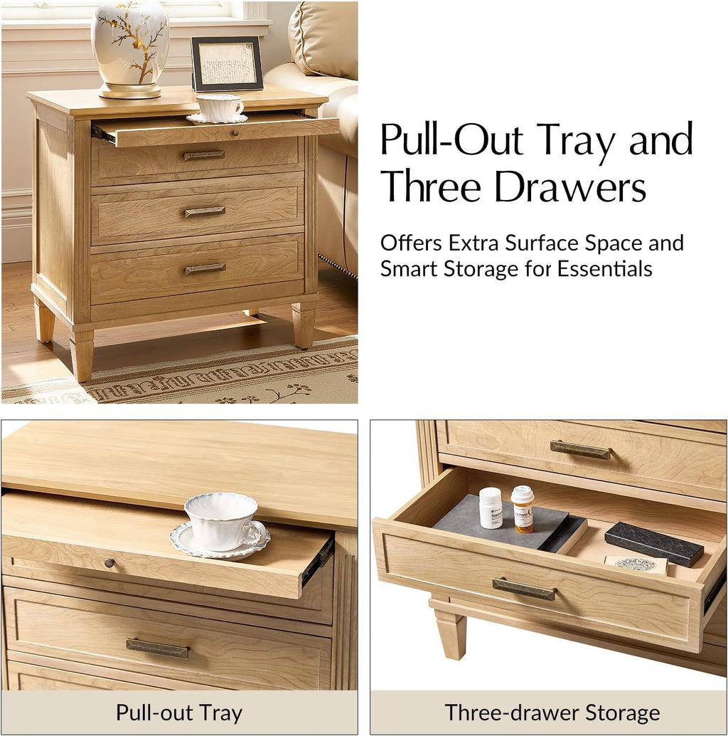 HULALA HOME Farmhouse End Table with Charging Station, Pull-Out Tray, 3 Drawers End Table with Solid Wood Legs, Wood Veneer Side Table with Open Shelf Set of 2, Natural
