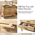 HULALA HOME Farmhouse End Table with Charging Station, Pull-Out Tray, 3 Drawers End Table with Solid Wood Legs, Wood Veneer Side Table with Open Shelf Set of 2, Natural