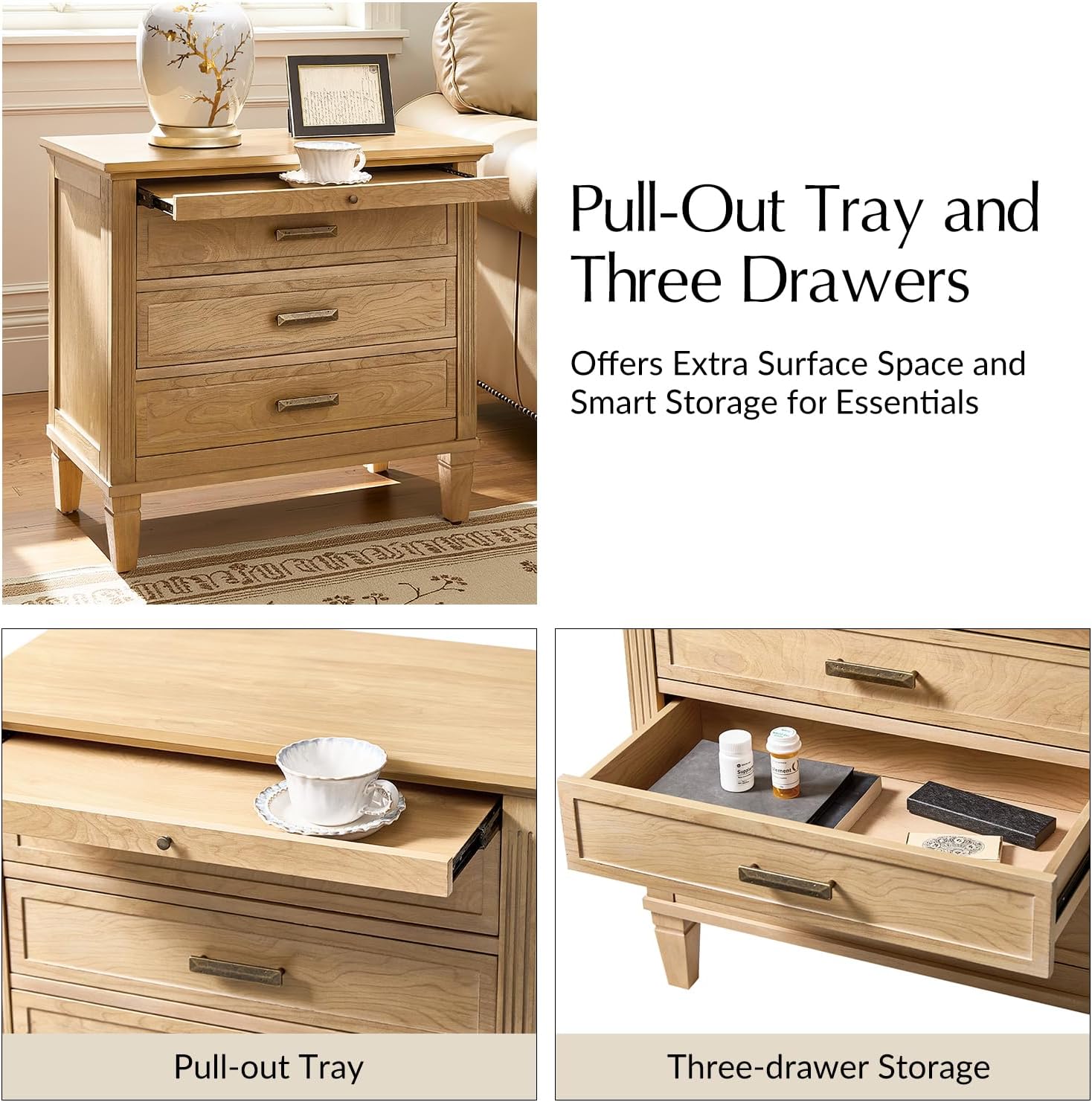 HULALA HOME Farmhouse End Table with Charging Station, Pull-Out Tray, 3 Drawers End Table with Solid Wood Legs, Wood Veneer Side Table with Open Shelf Set of 2, Natural