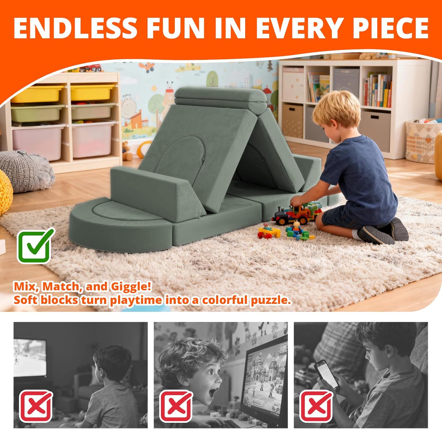 Fvkind Modular Kids Play Couch 16pcs, Toddler Couch for Playroom, Bedroom, Toddler Modular Play Sofa, Kids Sofa Building Fort with Convertible Foam Cushion for Boys and Girls, Green