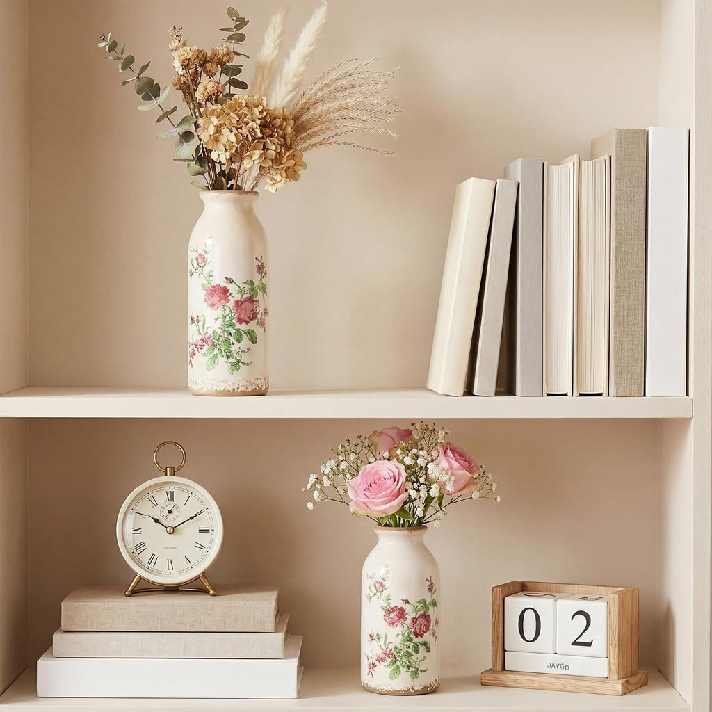 Covzoe Set of 2 Vintage Ceramic Small Vases, Rustic Farmhouse Flower Vase for Table Centerpiece, Mini Bud Vase Art Decor for Home Bedroom, Living Room Office Bathroom, 2 Size