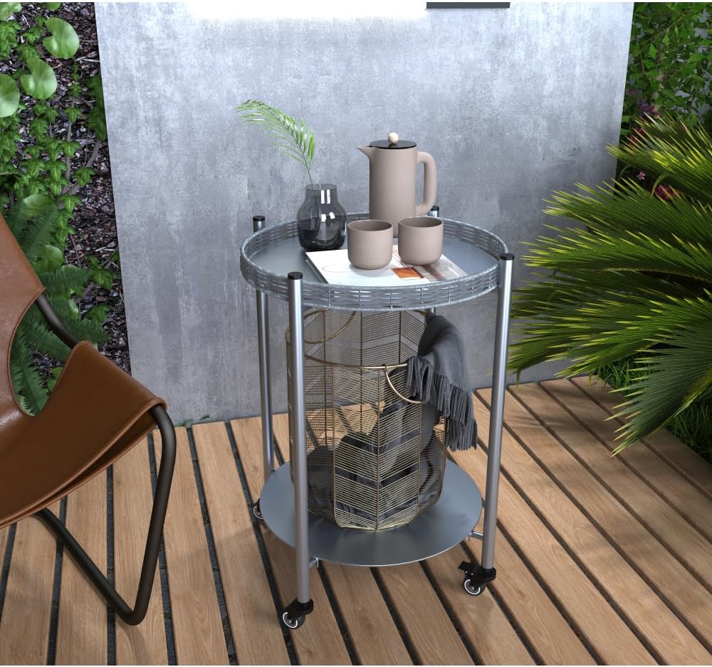 2-Tier Round Rolling Side Table, Silver Gray Metal Frame, 15.75 inch Diameter, Mobile End Table with Wheels for Living Room, Bedroom
