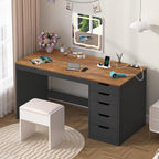 YOMILUVE 47 Inch Computer Desk with 5 Drawers and Power Outlets, Home Office Desks with Storage File Cabinet, Modern Simple Laptop Desk Writing Table for Small Spaces, Brown and Black