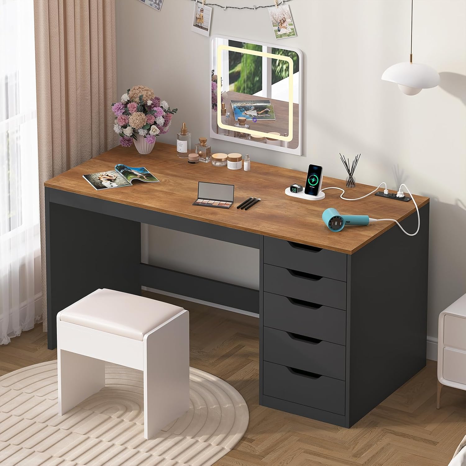 YOMILUVE 47 Inch Computer Desk with 5 Drawers and Power Outlets, Home Office Desks with Storage File Cabinet, Modern Simple Laptop Desk Writing Table for Small Spaces, Brown and Black