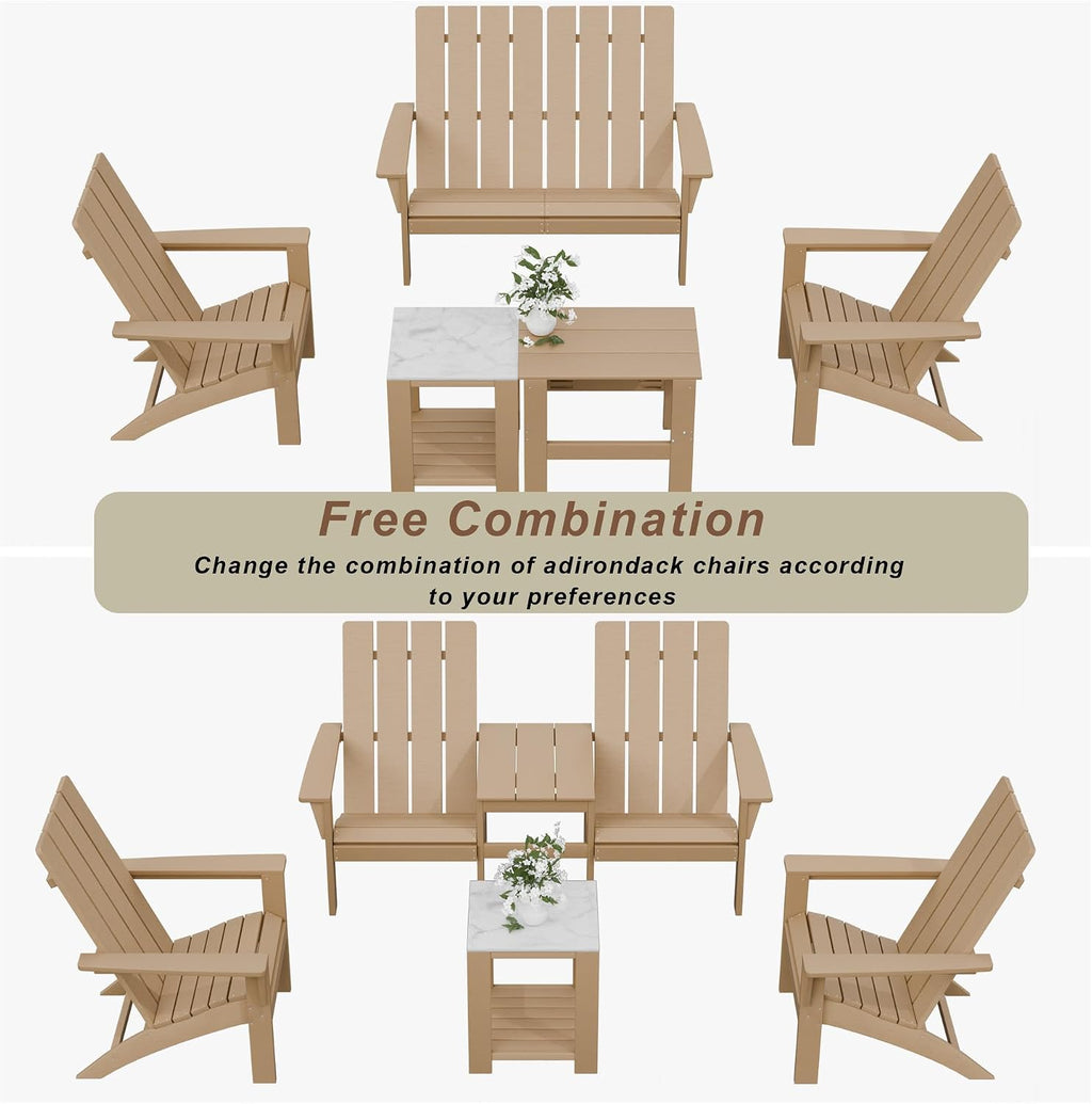 Kullavik Dual-Mode Adirondack Chairs Set of 4 with 2pcs Side Table, HDPE All-Weather Patio Chairs, Outdoor Lawn Chairs for Garden Backyard Porch Pool Deck Firepit, Teak