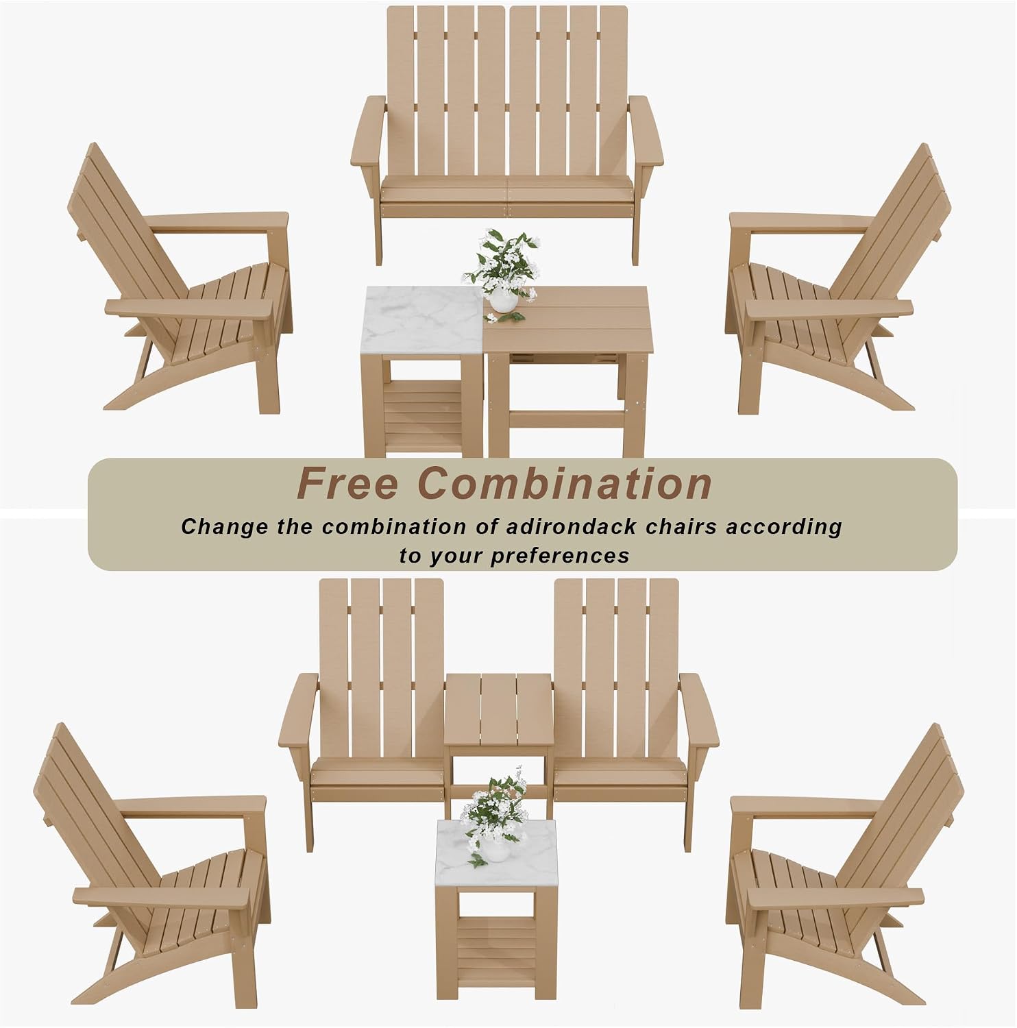 Kullavik Dual-Mode Adirondack Chairs Set of 4 with 2pcs Side Table, HDPE All-Weather Patio Chairs, Outdoor Lawn Chairs for Garden Backyard Porch Pool Deck Firepit, Teak