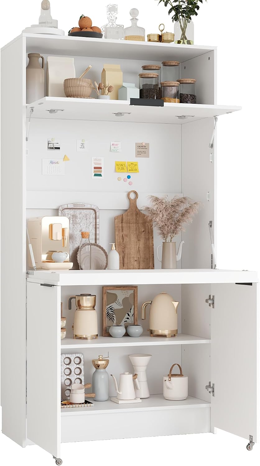 69''H Kitchen Pantry with Hutch and Foldable Workstation, Multifunctional Buffet Storage Cabinet Cupboard with Adjustable Shelf for Kitchen, Dining (White//6c)