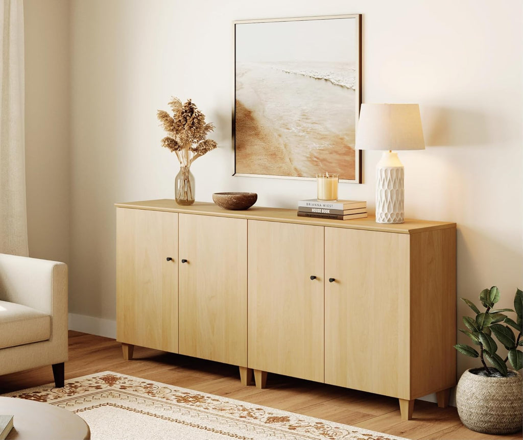WAMPAT 71" Wide Wood Sideboard Buffet Table with 4 Doors – Large Oak Credenza Storage Cabinet for Dining Room, 2-in-1 Modern Coffee Bar with 6 Compartments for Living Room & Hallway