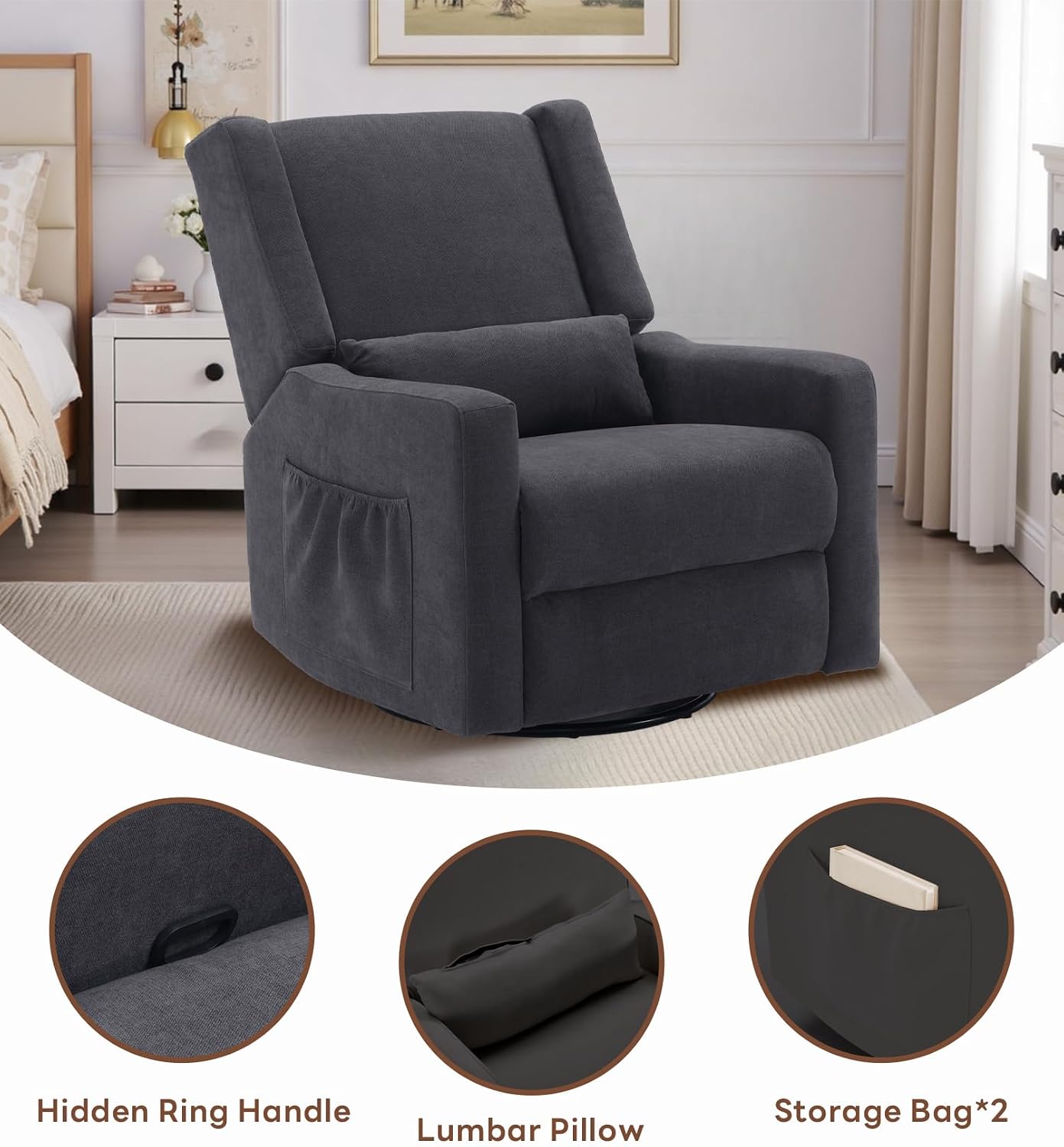 Tbfit 32" Nursery Rocking Chair, 360° Swivel Recliner Chair with Lumbar Support for Bedroom, Comfy Upholstered Armchair with Pillows & Footrest for Living Room & Baby Room