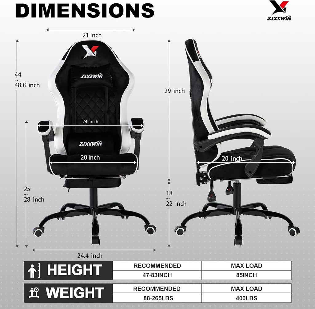 Velvet Gaming Chair, Ergonomic High Back Racing Chair with Footrest, Spring Wide Cushion, Adjustable Headrest & Lumbar Support, 90-135° Recline, 360° Swivel, 300lbs for Home Office, White