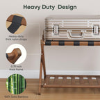 Smart FENDEE 26.77“ Fully Assembled Dark Walnut Luggage Racks with Folable Storage Shelf, 5 Heavy-Duty Straps Bamboo Suitcase Stand, Luggage Holders for Guest Room, Bedroom, Hotel