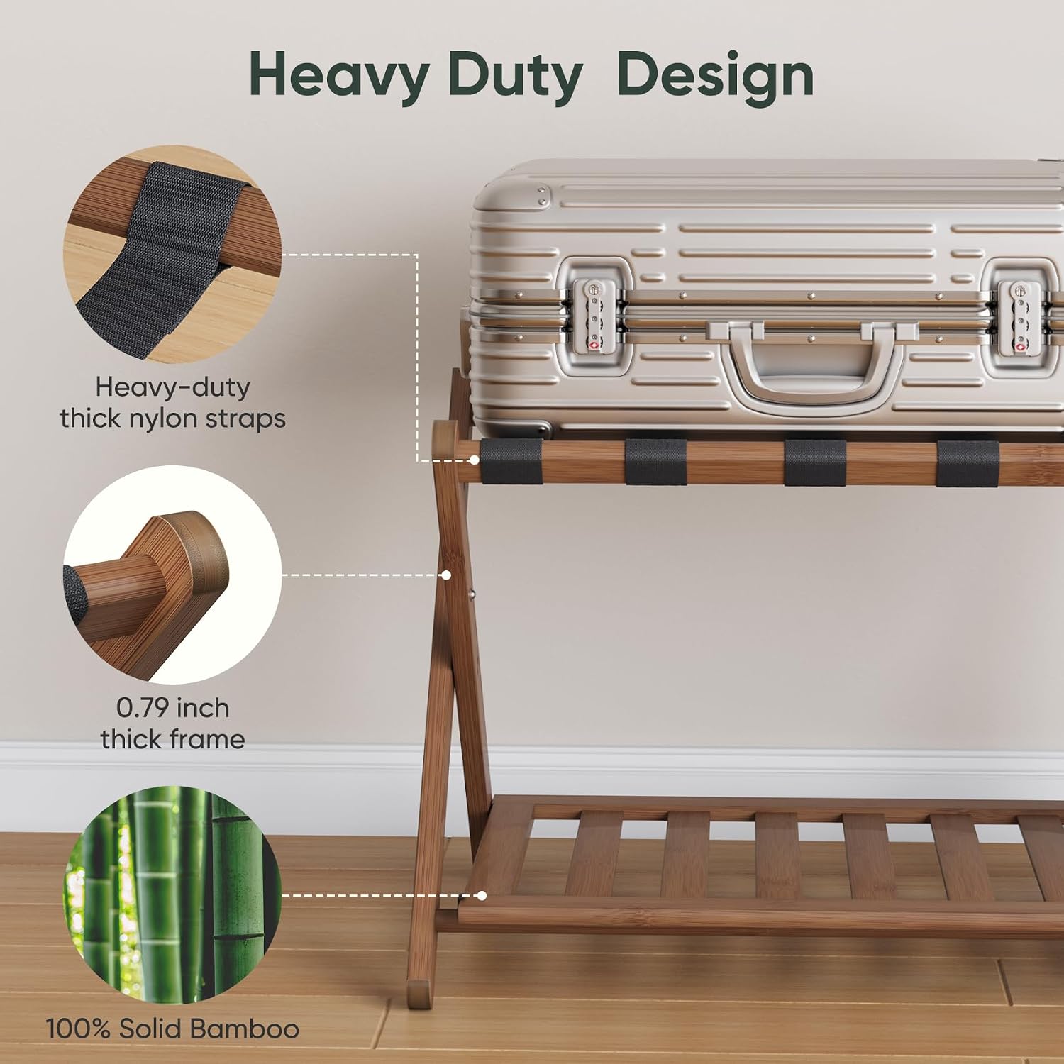 Smart FENDEE 26.77“ Fully Assembled Dark Walnut Luggage Racks with Folable Storage Shelf, 5 Heavy-Duty Straps Bamboo Suitcase Stand, Luggage Holders for Guest Room, Bedroom, Hotel