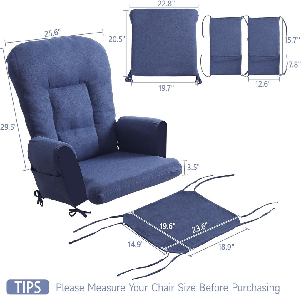Boshen 5PCS Glider Rocker Replacement Cushions with Ottoman Cover, 3.5" Thick High Back Rocking Chair Cushion Set with Side Pockets for Indoor Nursery Glider Chair, Washable and Non Slip, Blue
