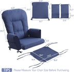 Boshen 5PCS Glider Rocker Replacement Cushions with Ottoman Cover, 3.5" Thick High Back Rocking Chair Cushion Set with Side Pockets for Indoor Nursery Glider Chair, Washable and Non Slip, Blue
