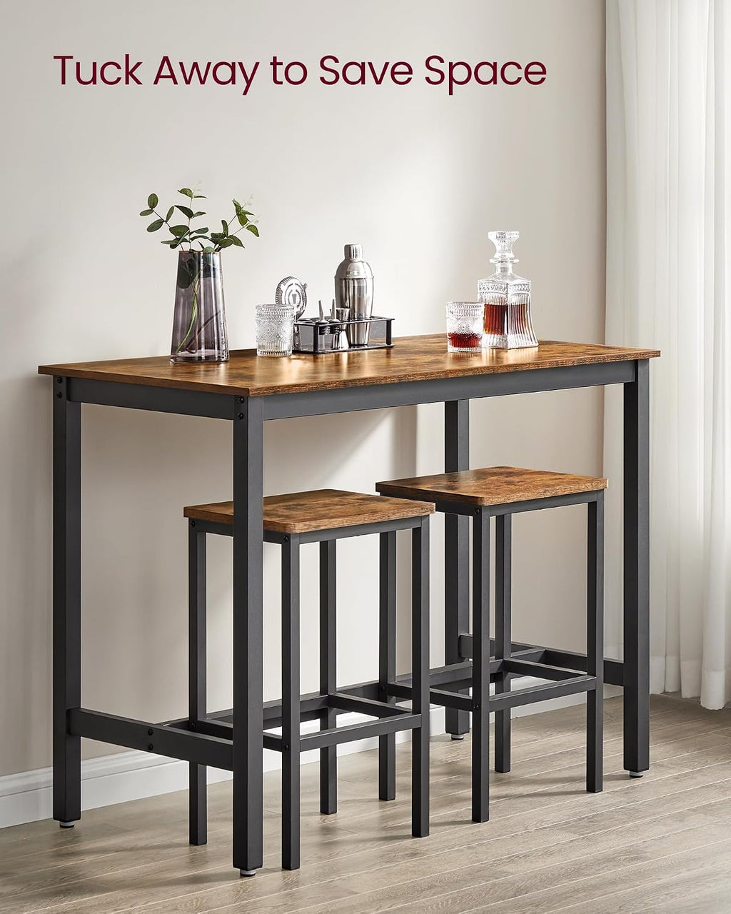 VASAGLE Bar Table and Chairs Set, Rectangular Table with 2 Stools, Dining Pub Set for 2, Space Saving for Kitchen Breakfast, Living Room, Party Room, Rustic Brown and Black ULBT15X