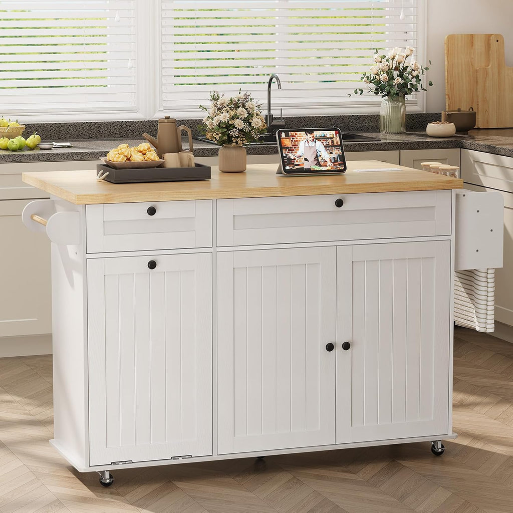 ComfyCorner 60" Rolling Large Kitchen Island on Wheels with Extendable Table, Drop Leaf & Power Outlet, Mobile Kitchen Cart with Storage Cabinet, 2 Drawers, Spice Rack, Towel & Knife Holder, White