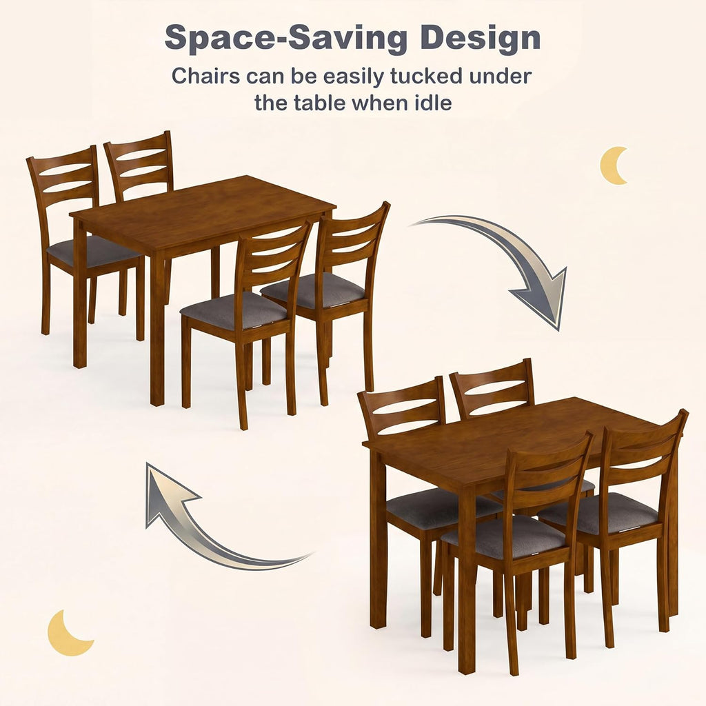 COSTWAY Dining Table Set for 4, 5- Piece Dinette Set with 4 Upholstered Chairs, Rubber Wood Frame & Space-Saving Design, Farmhouse Kitchen Table Set for Apartment and Breakfast Nook