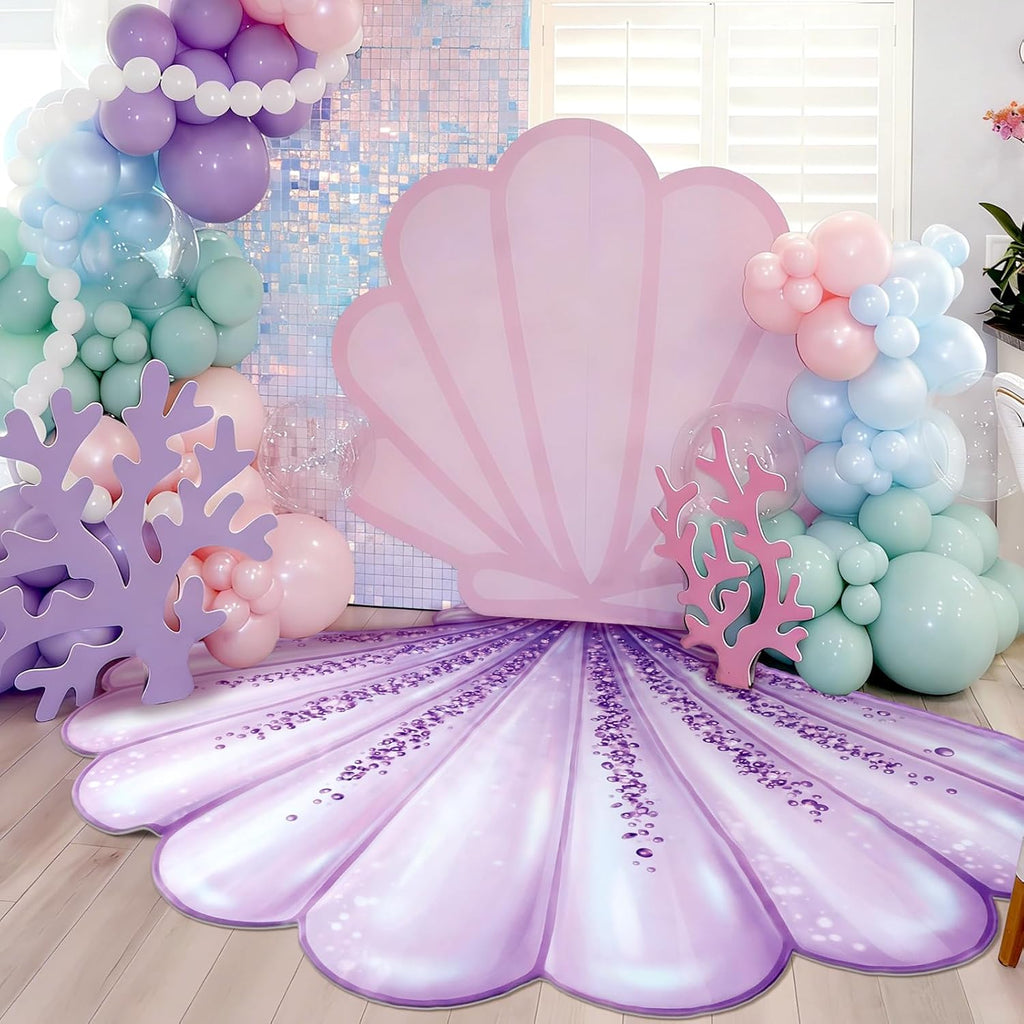 Mermaid Party Decoration 59 x 79 Inch Large Seashell Rug Under the Sea Decor Purple Pink Mermaids Floor Mat Decorative Area Rug for Mermaid Birthday Ocean Theme Photo Prop Backdrop Beach Wedding Party