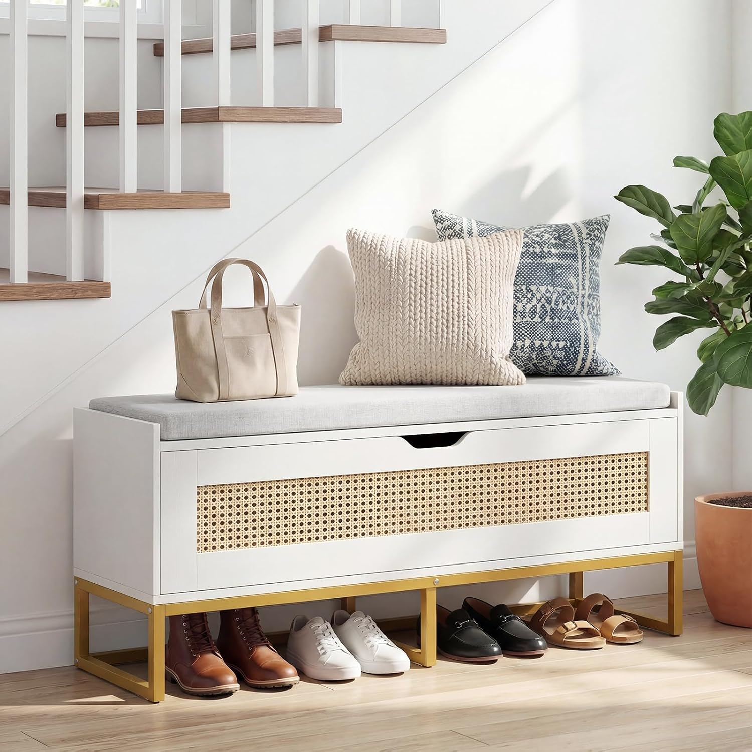 Giantex Rattan Shoe Bench, Flip-Top Entryway Bench with Removable Padded Seat & Hidden Storage, Wooden Shoe Storage Chest with Metal Legs for Bedroom, Hallway, 440 lbs Max Load (White & Gold)