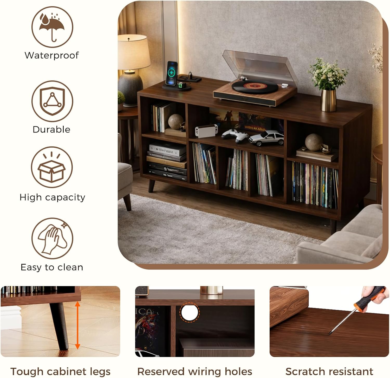Record Player Stand, Record Stands with Record Storage, Vinyl Record Storage with Charging Station & USB Ports, 500+ Vinyl Large Mid Century Modern Record Player Stand and Album Cabinet
