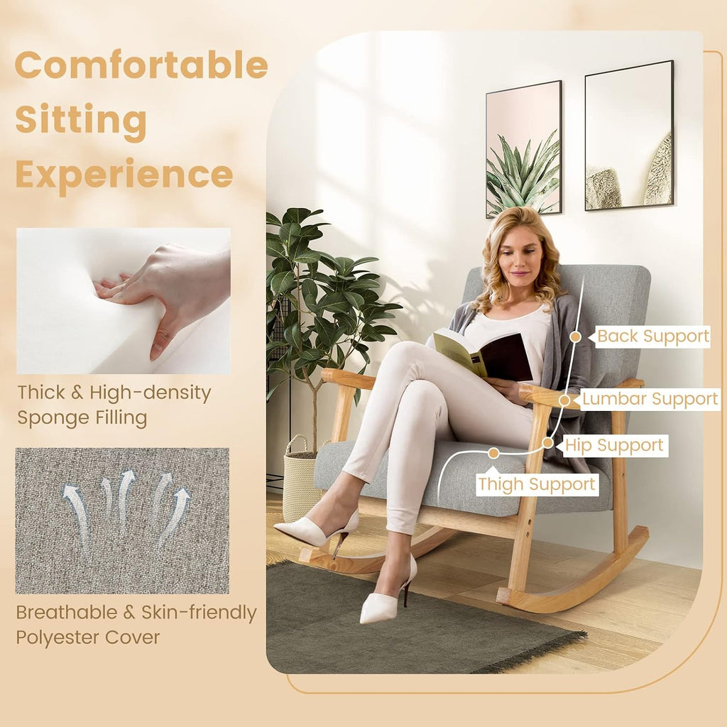 GOFLAME Nursery Rocking Chair Set of 2, Upholstered Rocker Glider Chair with Lumbar Pillow, High Backrest & Padded Seat Cushion, Accent Armchair with Rubber Wood Frame for Living Room, Bedroom, Grey