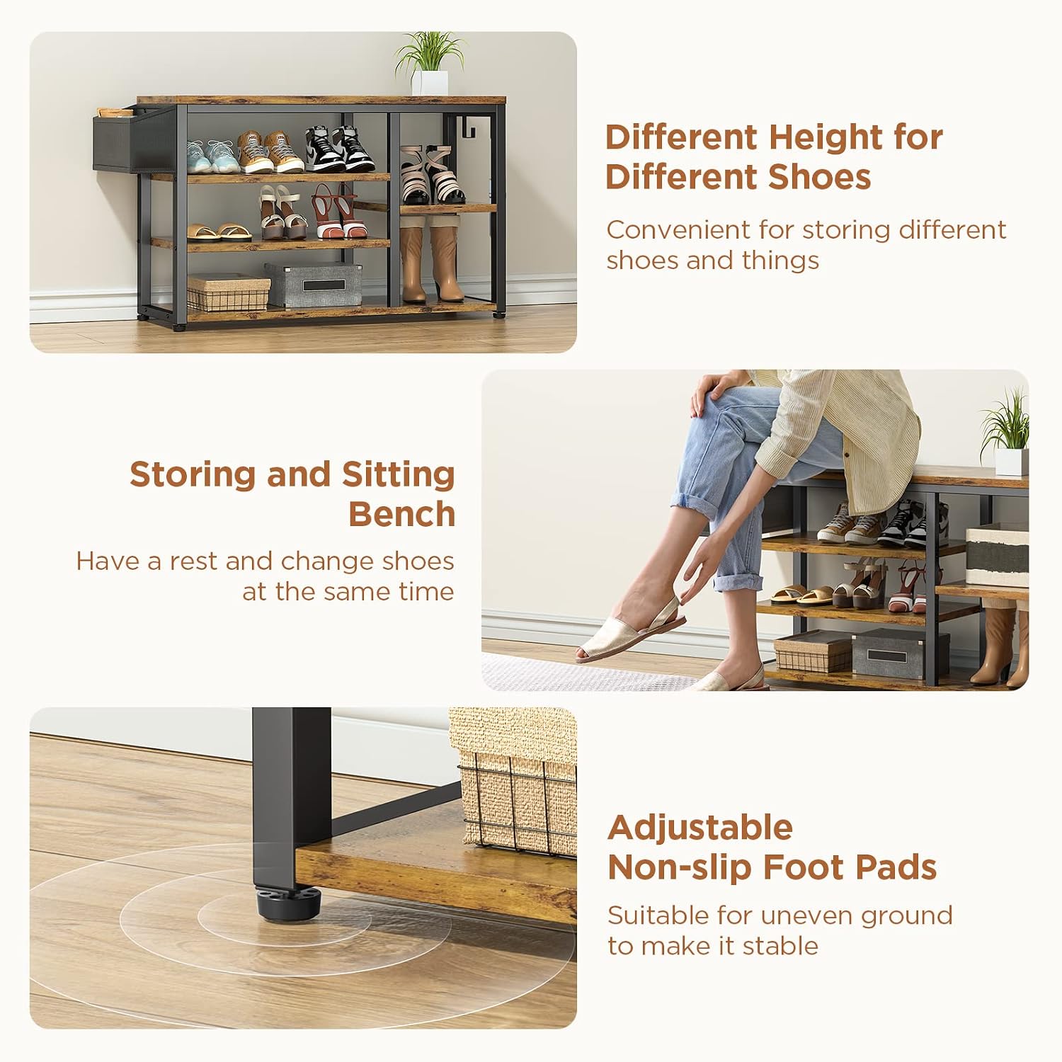 Aiho Entryway Hall Tree Bench with Storage, Industrial Shoe Rack Bench with 4 Hooks, Rustic Brown