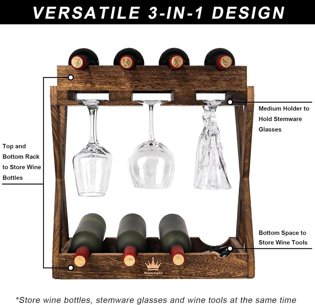 3-in-1 Countertop Wine Rack with Glass Holder | Store 8 Bottles, 6 Stemware Glasses and Wine Tools, Durable Wooden Wine Bottle Holder, Elegant Home Decor