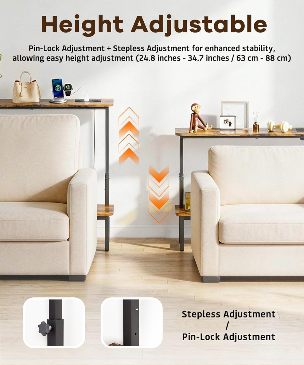 Homde 2-Tier Narrow Console Table: Industrial Design with Adjustable Height & Outlets - 39.4" Small Entryway Shelf for Living Room Hallway Behind Couch - Sofa Side Desk Display Shelf