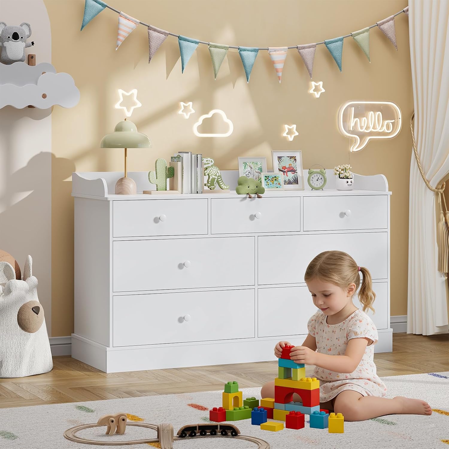 Vabches Kids Dresser Cabinet with 7 Drawers and Large Table Top, Multi-Functional Chest of Drawers, Baby Dresser, Kids Bedroom Furniture, Nightstand for Child’s Room, White