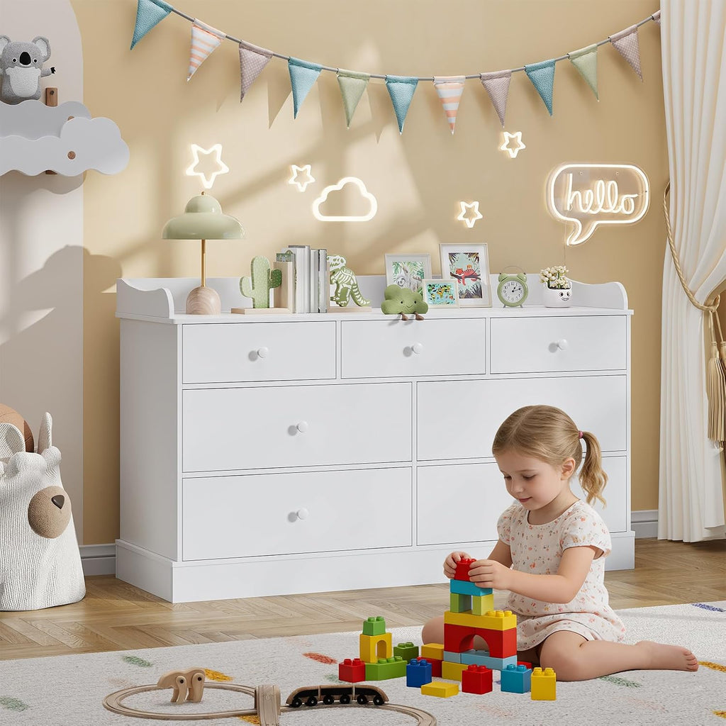 Vabches Kids Dresser Cabinet with 7 Drawers and Large Table Top, Multi-Functional Chest of Drawers, Baby Dresser, Kids Bedroom Furniture, Nightstand for Child’s Room, White