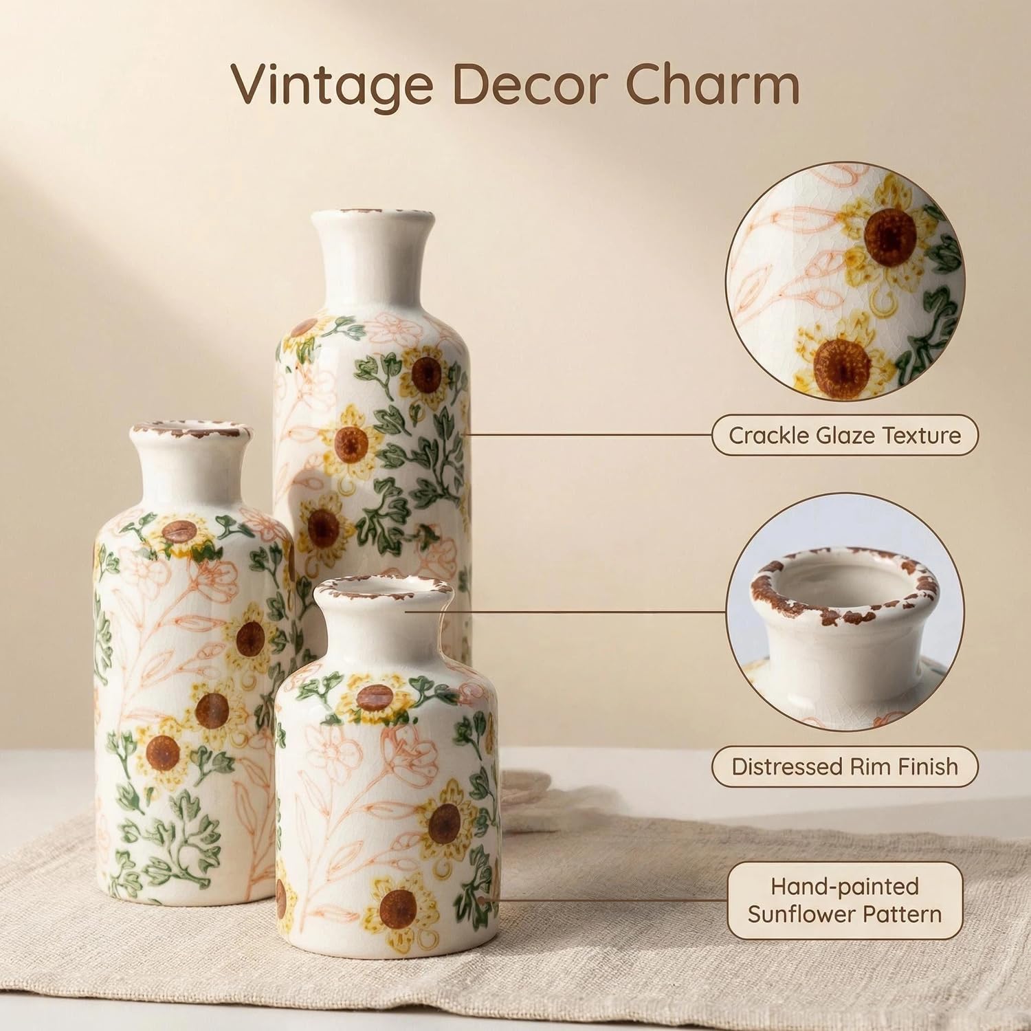 Vintage Ceramic Flower Vase Set of 3, Rustic Farmhouse Vase for Home Decor, Distressed Decorative Vase for Table Entryway Mantel Centerpiece Living Room Bathroom Bedroom (Sunflower Crackle)