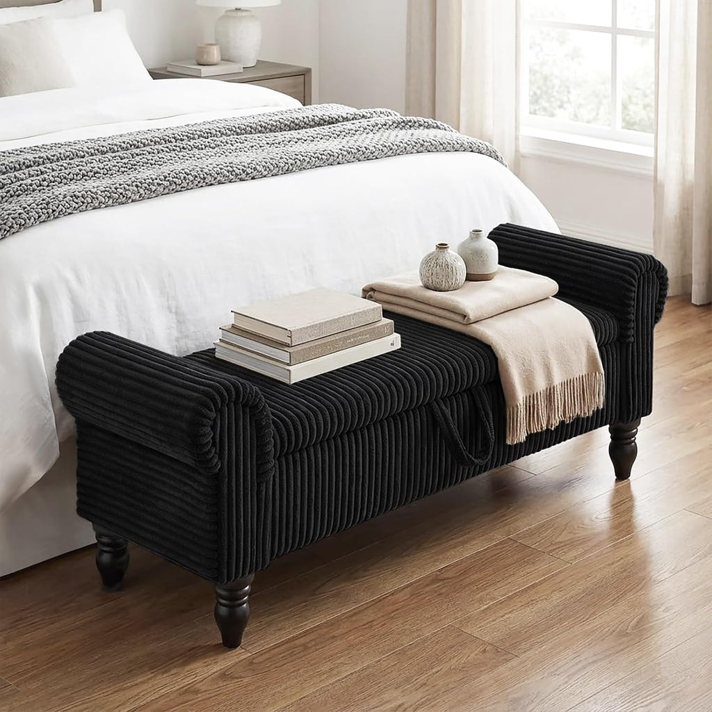 Storage Bedroom Bench for End of Bed, Storage Ottoman with Rolled Arms for Bedroom, Living Room, Entryway (Black)