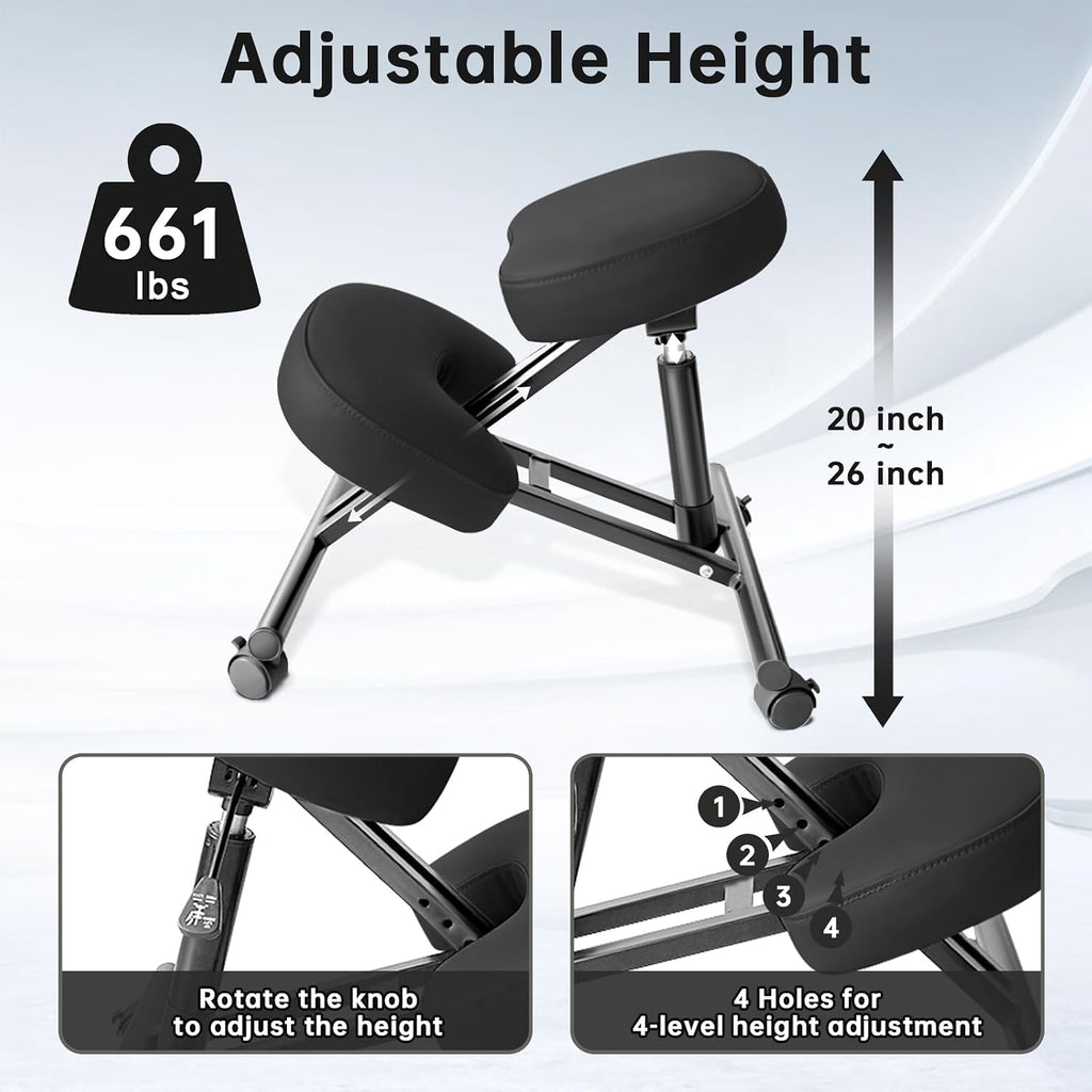 PU Leather Ergonomic Kneeling Chair, Adjustable Home and Office Stool with Thick Pads and Flexible Lockable Brake Wheels for Back Pain Relief (Dark Black)