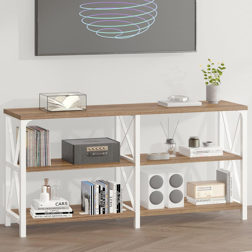 IBF Industrial Console Tables for Entryway, White and Rustic Oak, 63in | Farmhouse 3 Tier Wood and Metal Entryway Table with storage, Long Narrow Sofa Table Behind Couch