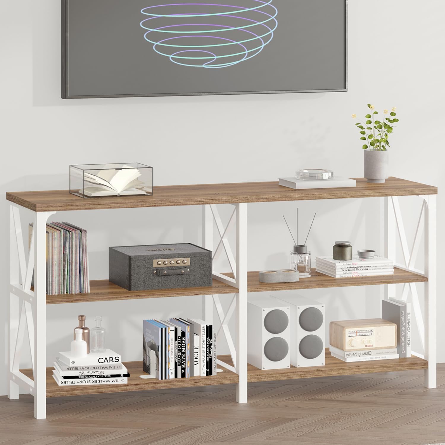 IBF Industrial Console Tables for Entryway, White and Rustic Oak, 63in | Farmhouse 3 Tier Wood and Metal Entryway Table with storage, Long Narrow Sofa Table Behind Couch